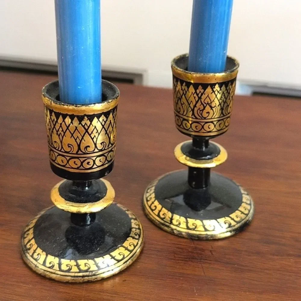 Elegant Black & Gold Hand Painted Khokhloma Russian Folk Art Candle Holders